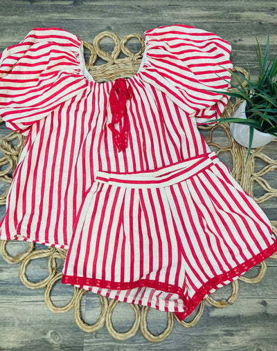 Umgee Striped 2 Piece Shorts Set Red - Mini Mee Boutique