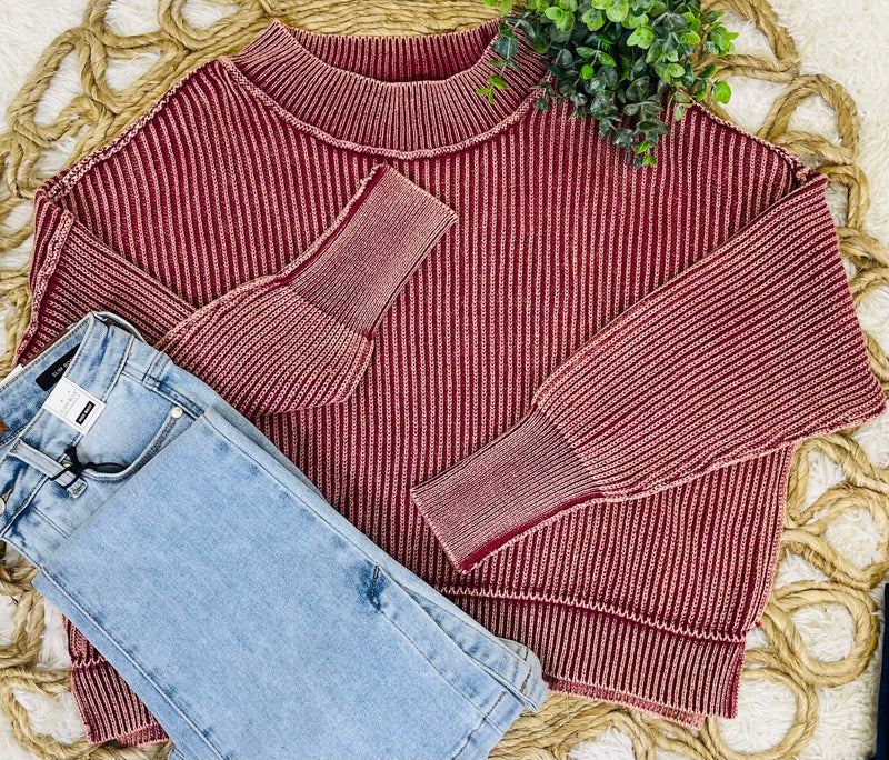 Cabernet Washed Side Slit Oversized Cropped Sweater Pullover Top