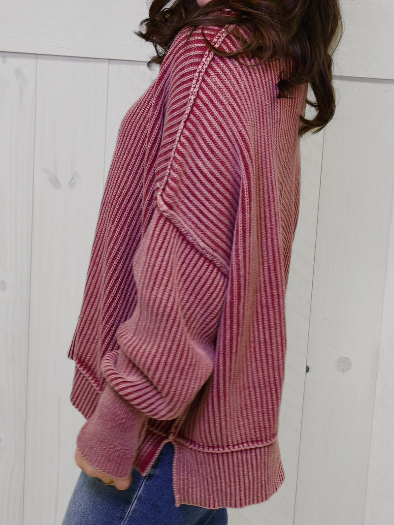 Cabernet Washed Side Slit Oversized Cropped Sweater Pullover Top