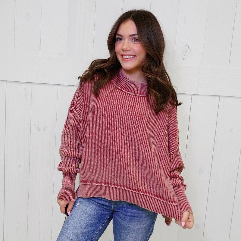 Cabernet Washed Side Slit Oversized Cropped Sweater Pullover Top