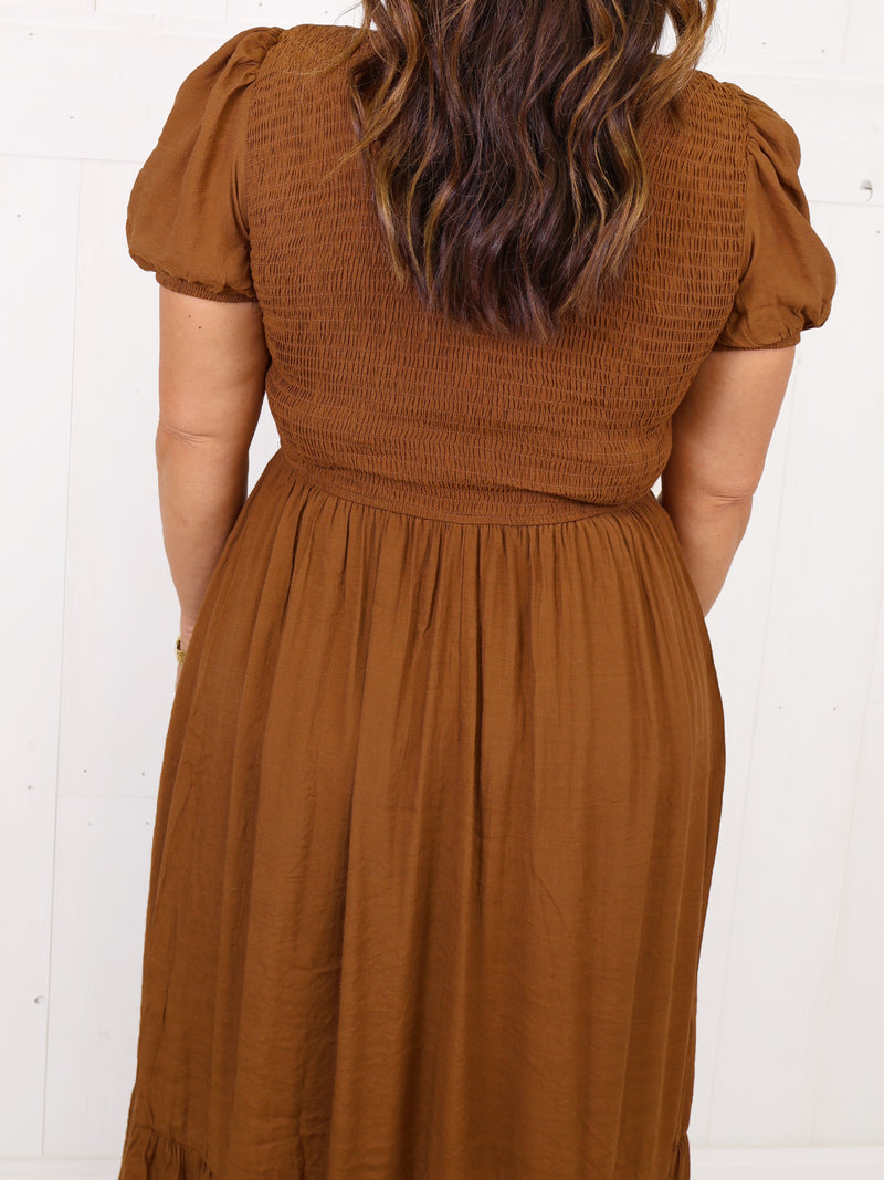 Camel Smocked Contrast Stitch Dress