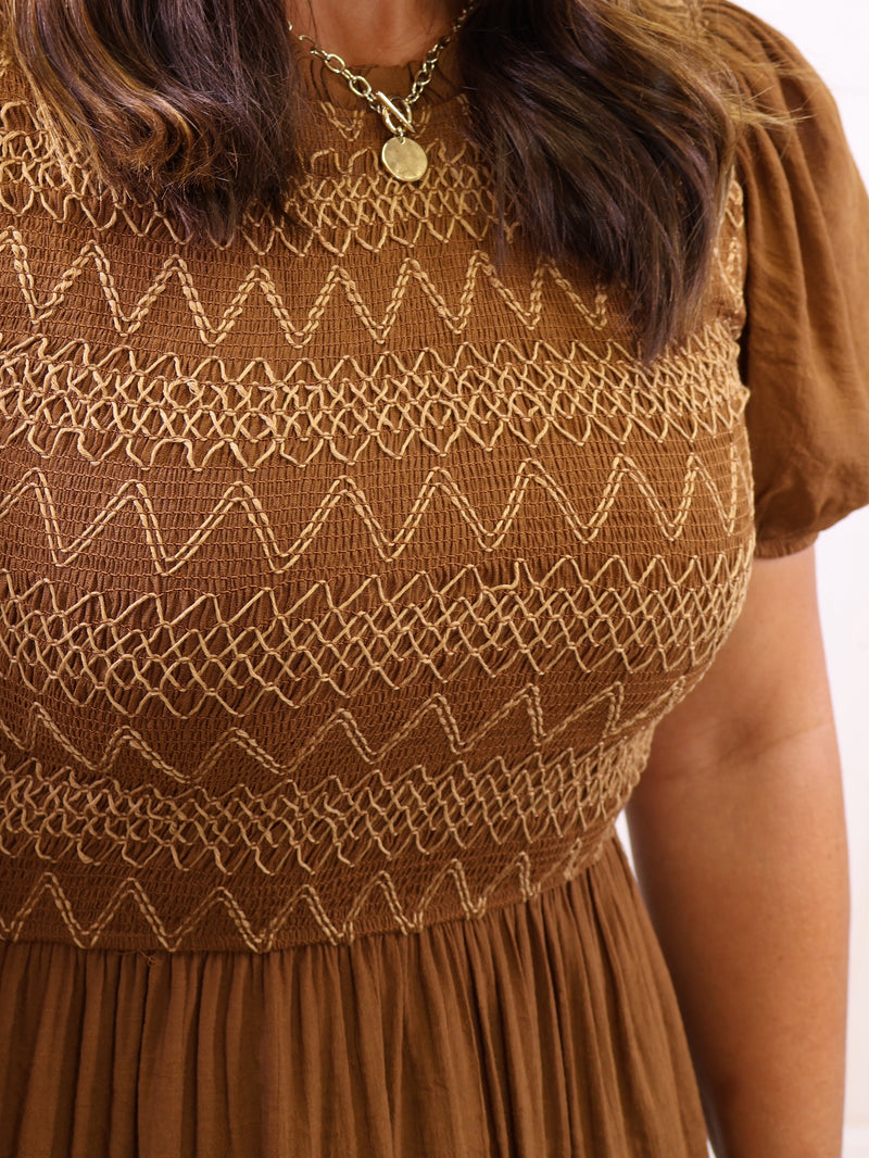 Camel Smocked Contrast Stitch Dress
