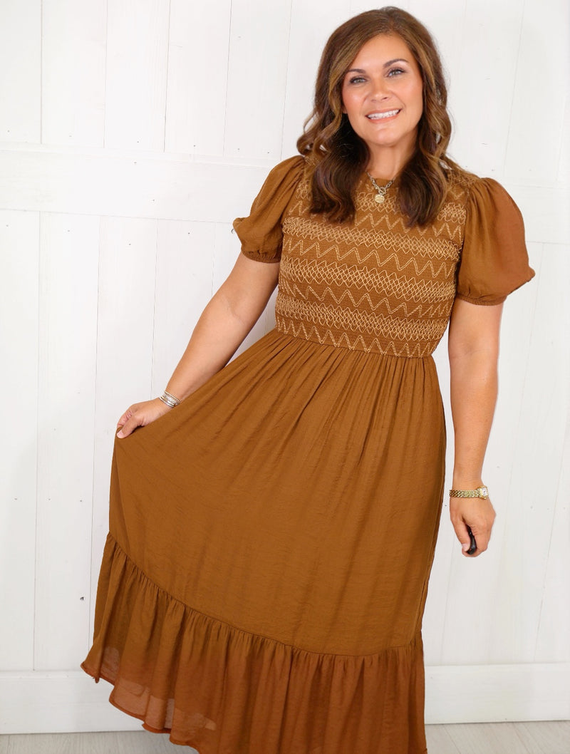 Camel Smocked Contrast Stitch Dress