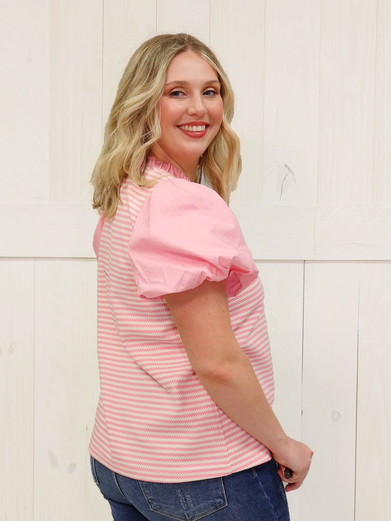 Candy Pink Strip Puff Sleeve Top