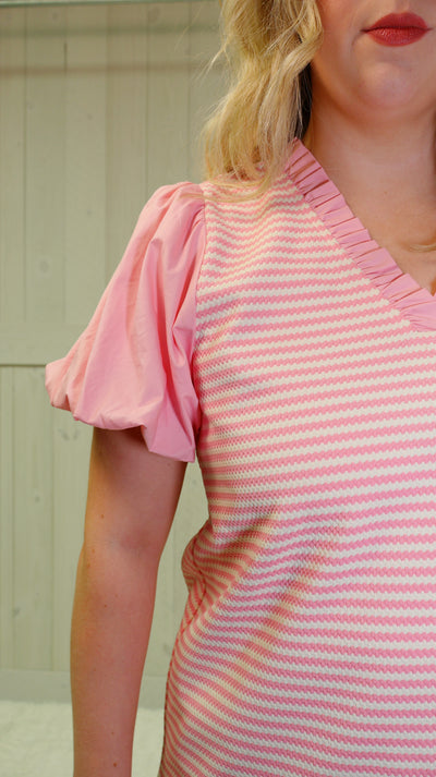 Candy Pink Strip Puff Sleeve Top