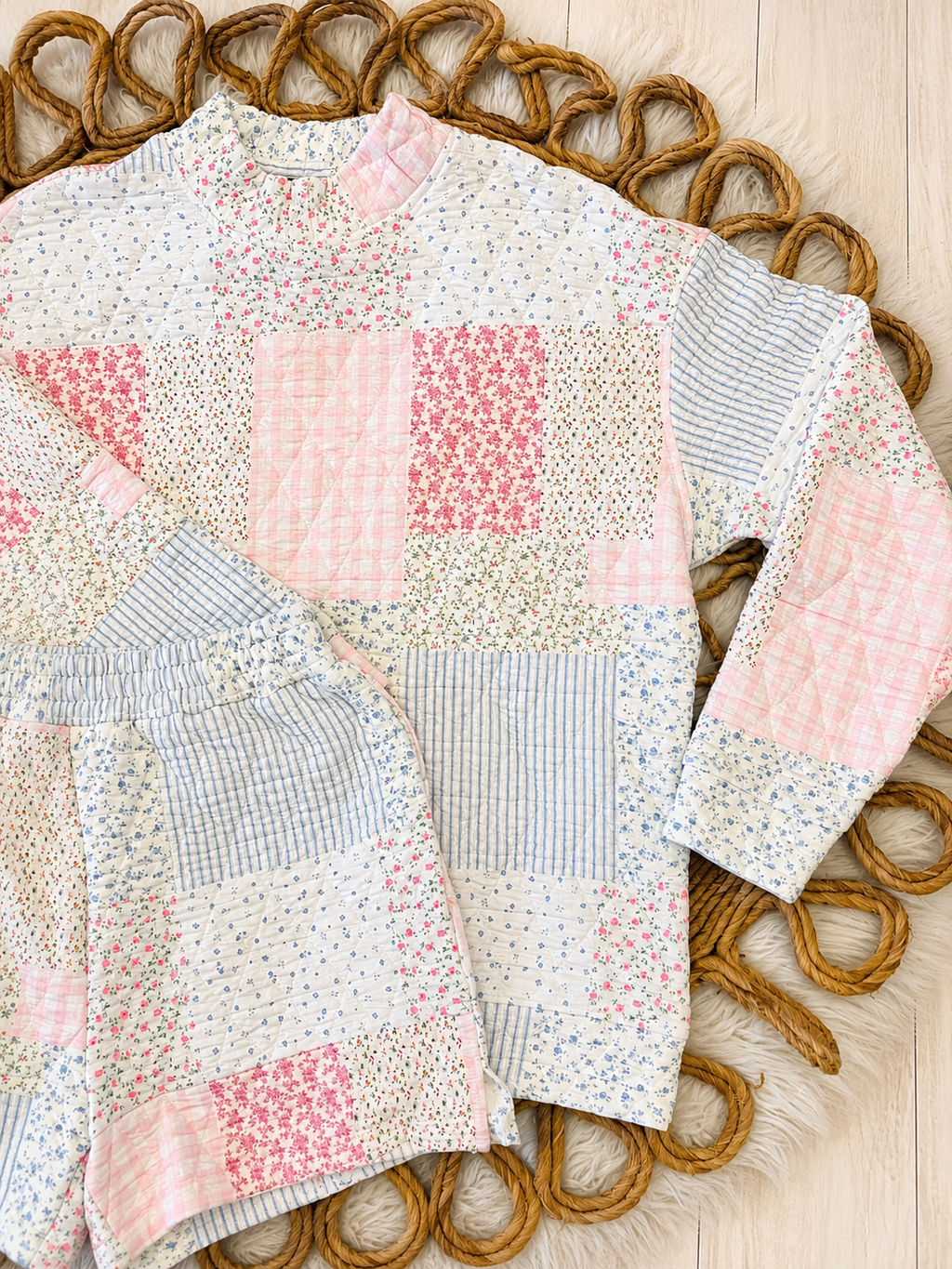 Evermmee Patchwork Mockneck Pullover and Short Set Women’s