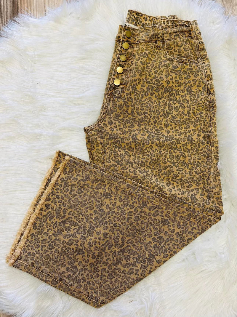 Cheetah Denim Fray Hem Pants