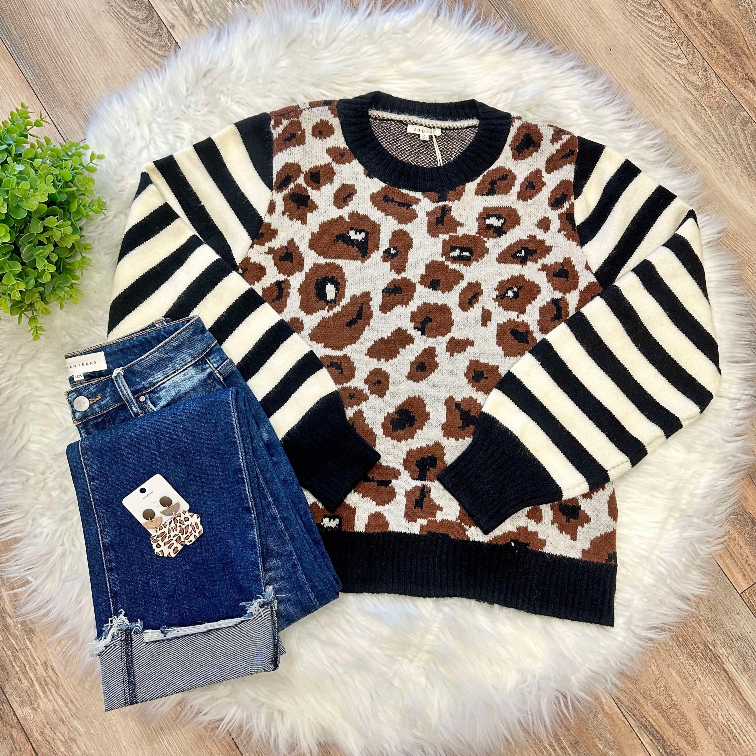 Cheetah Sweater with Stripe Sleeves Women’s