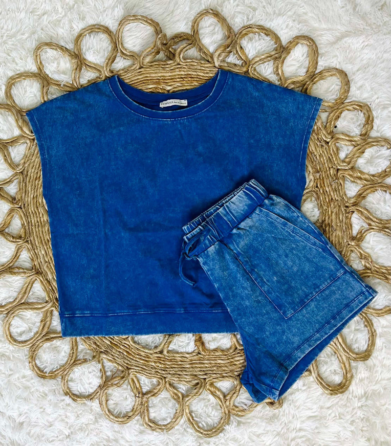 Classic Blue Sleeveless Acid Wash Set