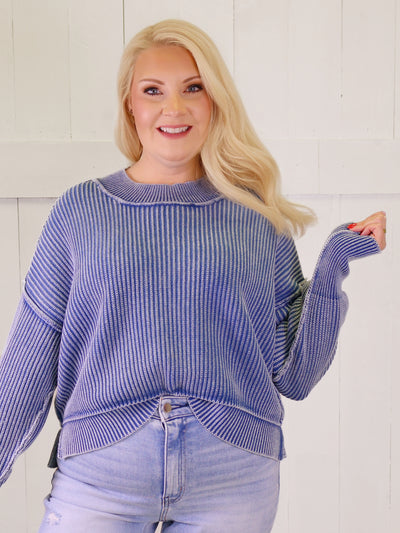 Classic Blue Washed Side Slit Oversized Cropped Sweater Top Pullover