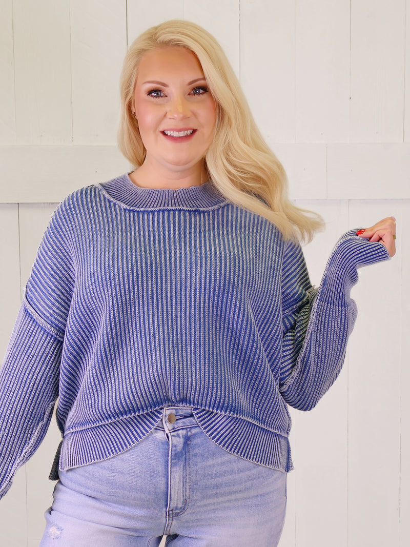 Classic Blue Washed Side Slit Oversized Cropped Sweater Top Pullover