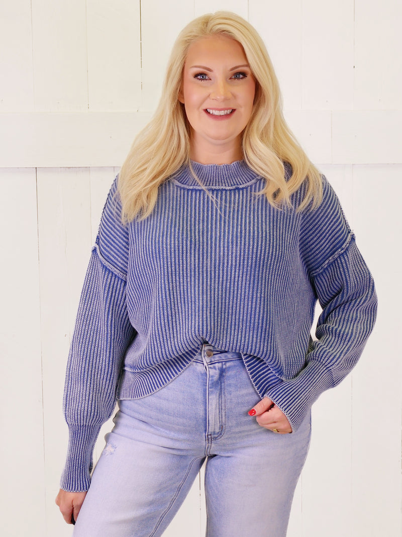 Classic Blue Washed Side Slit Oversized Cropped Sweater Top Pullover