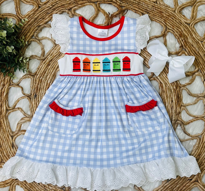 Crayon Plaid Ruffle Back to School Dress Girls