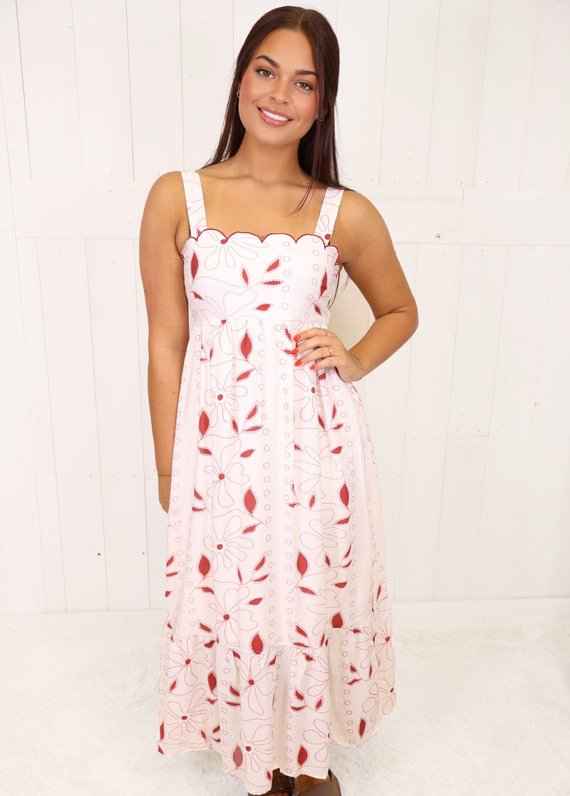 Crimson Floral Scalloped Dress