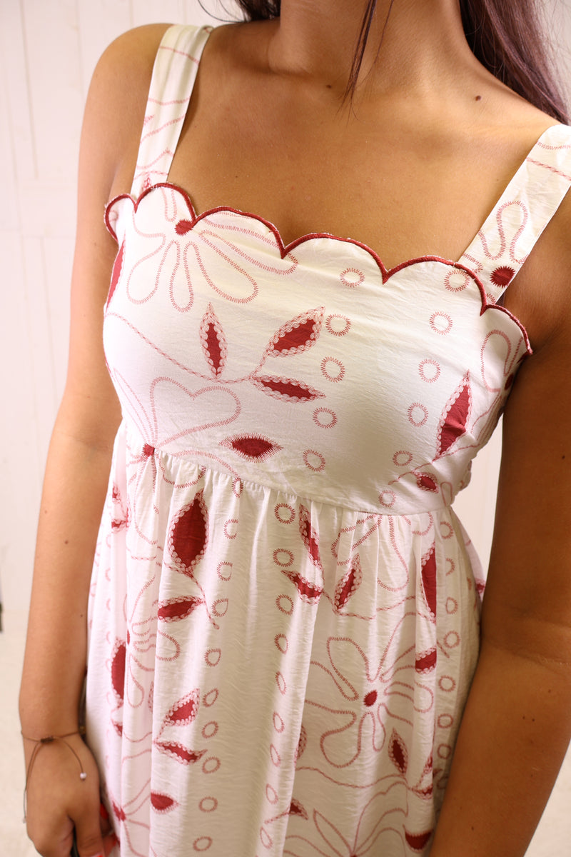 Crimson Floral Scalloped Dress