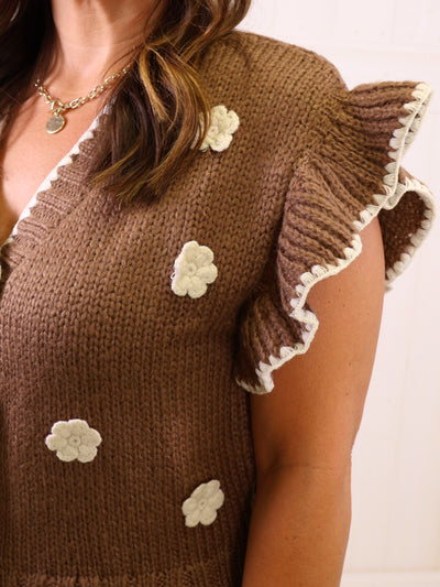 Crochet Floral Ruffled Knit Cardigan Sweater