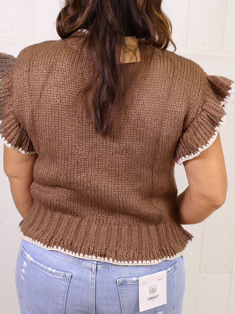 Crochet Floral Ruffled Knit Cardigan Sweater Vest