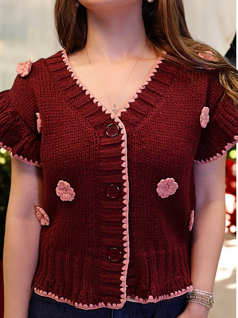 Crochet Wine Floral Ruffled Knit Cardigan Sweater