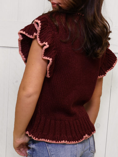 Crochet Wine Floral Ruffled Knit Cardigan Sweater