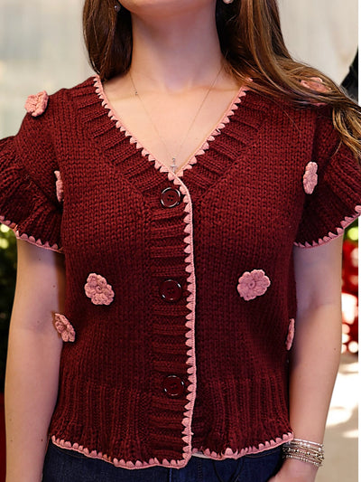 Crochet Wine Floral Ruffled Knit Cardigan Sweater Vest