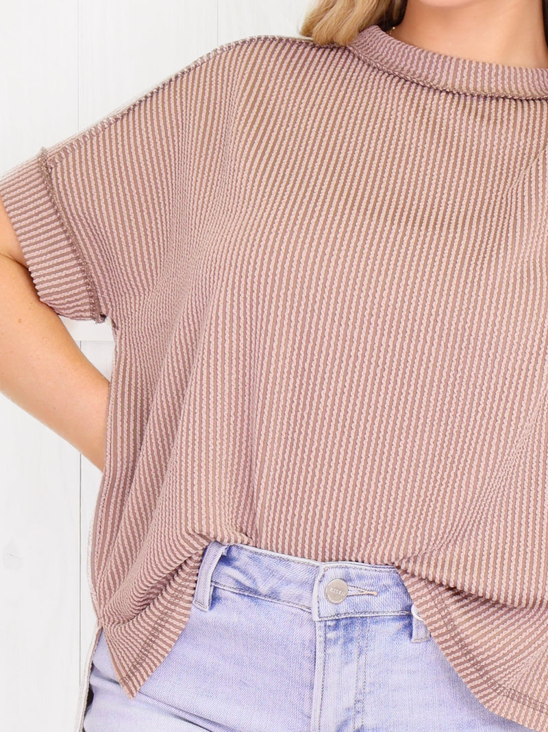 Cuff Sleeve Ribbed Top - Mocha
