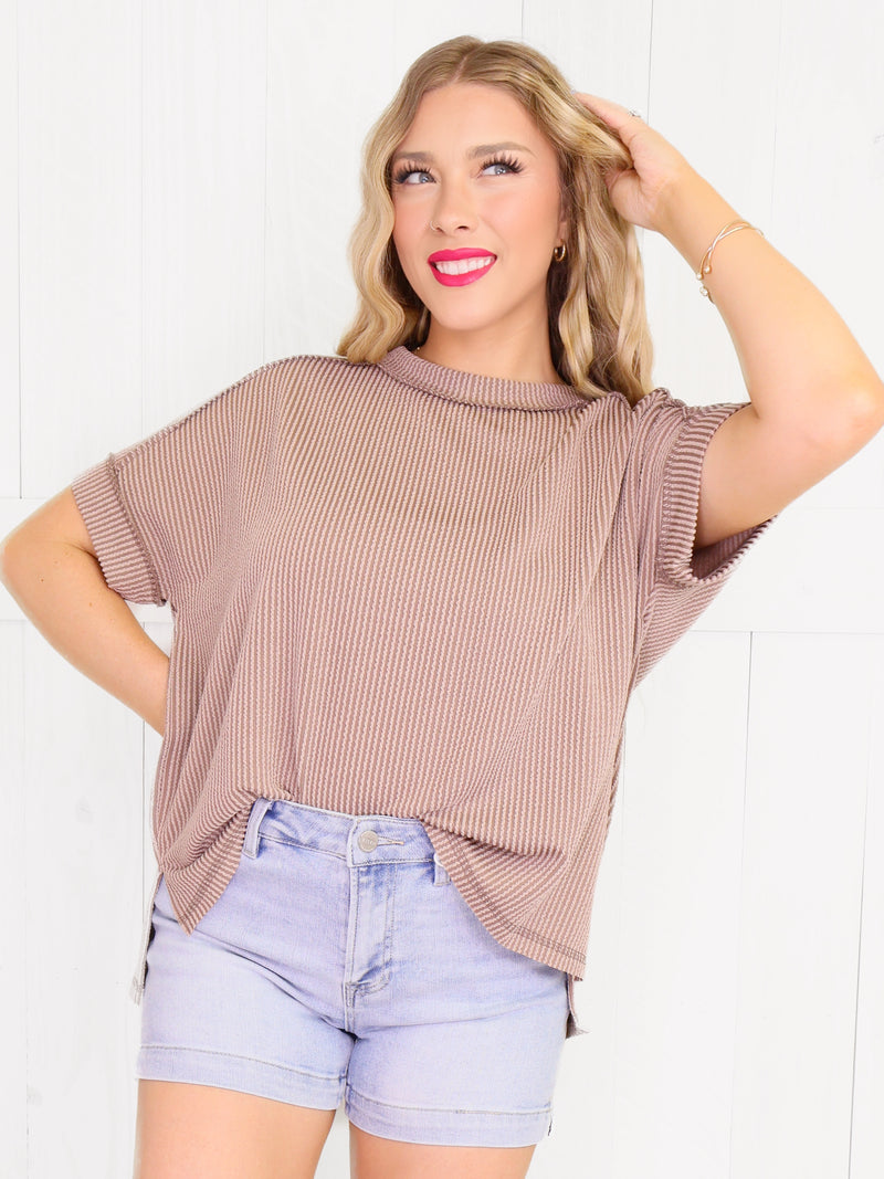 Cuff Sleeve Ribbed Top - Mocha