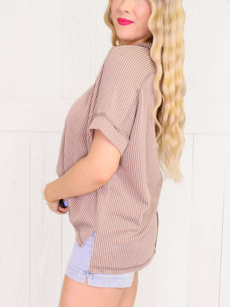 Cuff Sleeve Ribbed Top - Mocha