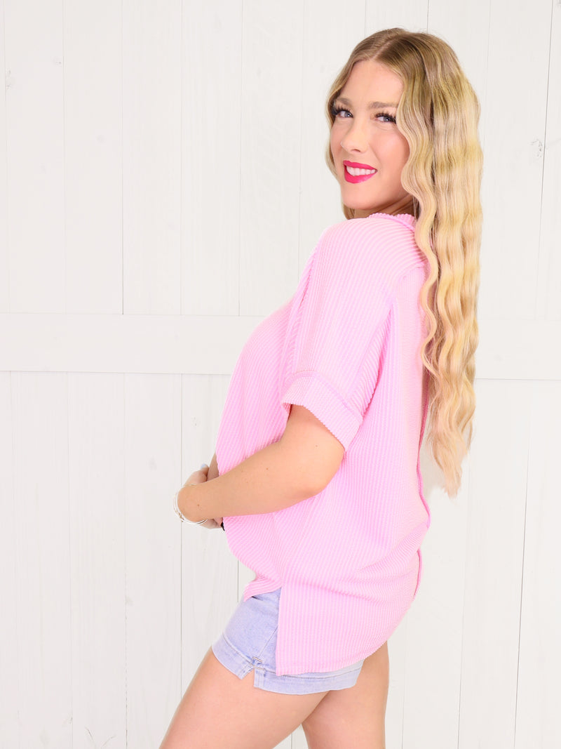 Cuff Sleeve Ribbed Top - Pink