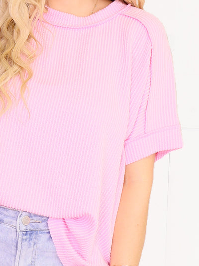 Cuff Sleeve Ribbed Top - Pink