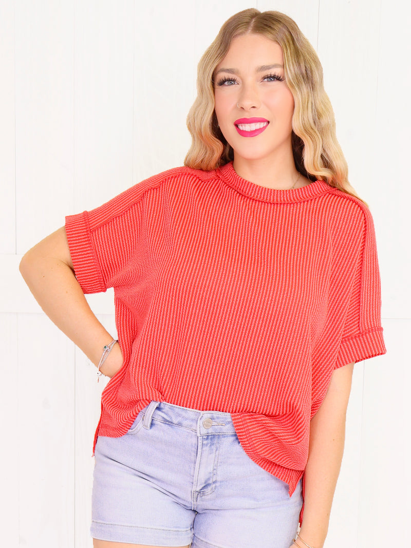 Cuff Sleeve Ribbed Top - Ruby