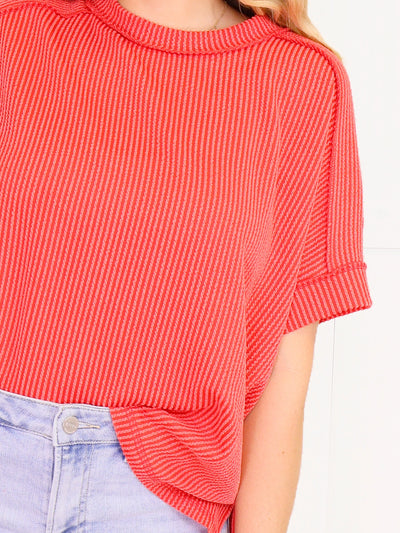 Cuff Sleeve Ribbed Top - Ruby