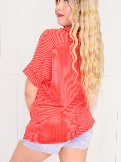 Cuff Sleeve Ribbed Top - Ruby