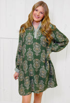 Curvy Olive Long Sleeve Print Dress FW Women's