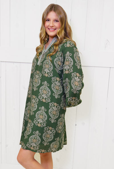 Curvy Olive Long Sleeve Print Dress