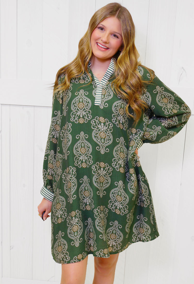 Curvy Olive Long Sleeve Print Dress