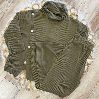 Curvy Olive Two Piece Cowl Neck Ribbed Set