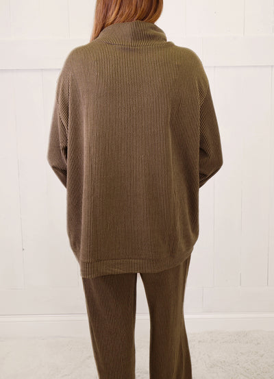 Curvy Olive Two Piece Cowl Neck Ribbed Set