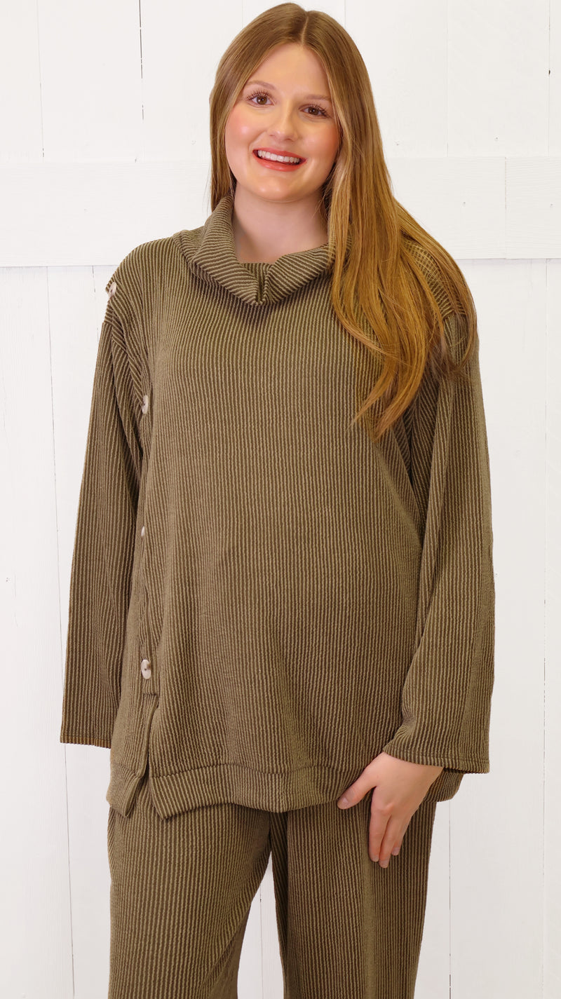 Curvy Olive Two Piece Cowl Neck Ribbed Set