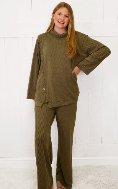 Curvy Olive Two Piece Cowl Neck Ribbed Set