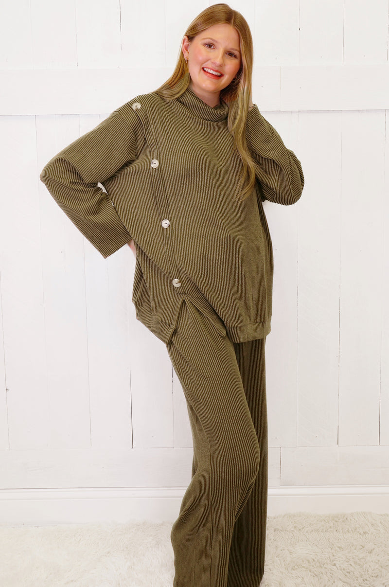 Curvy Olive Two Piece Cowl Neck Ribbed Set