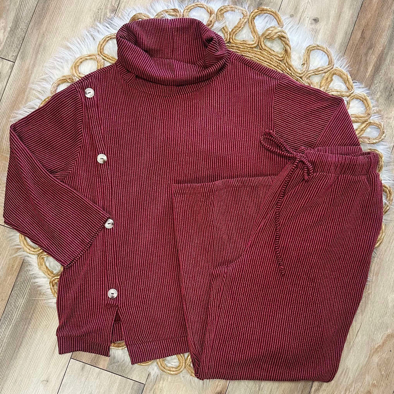 Curvy Wine Two Piece Cowl Neck Ribbed Set