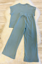Women’s Zenana Blue Grey Ribbed Cuff Sleeve Pant Set - True to Size Oversized Look