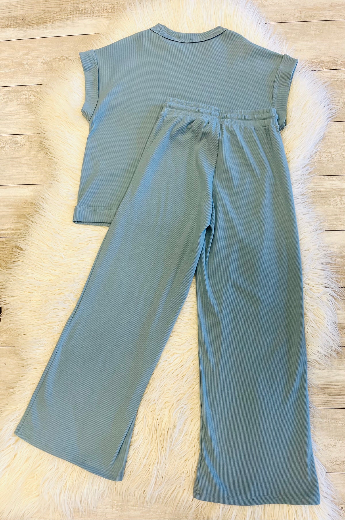 Women’s Zenana Blue Grey Ribbed Cuff Sleeve Pant Set - True to Size Oversized Look
