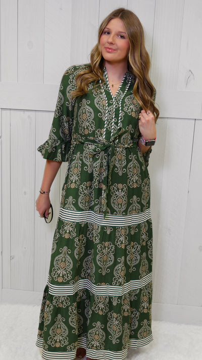 Olive V Neck Belted Maxi Dress