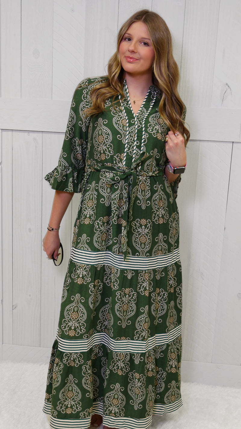 Olive V Neck Belted Maxi Dress