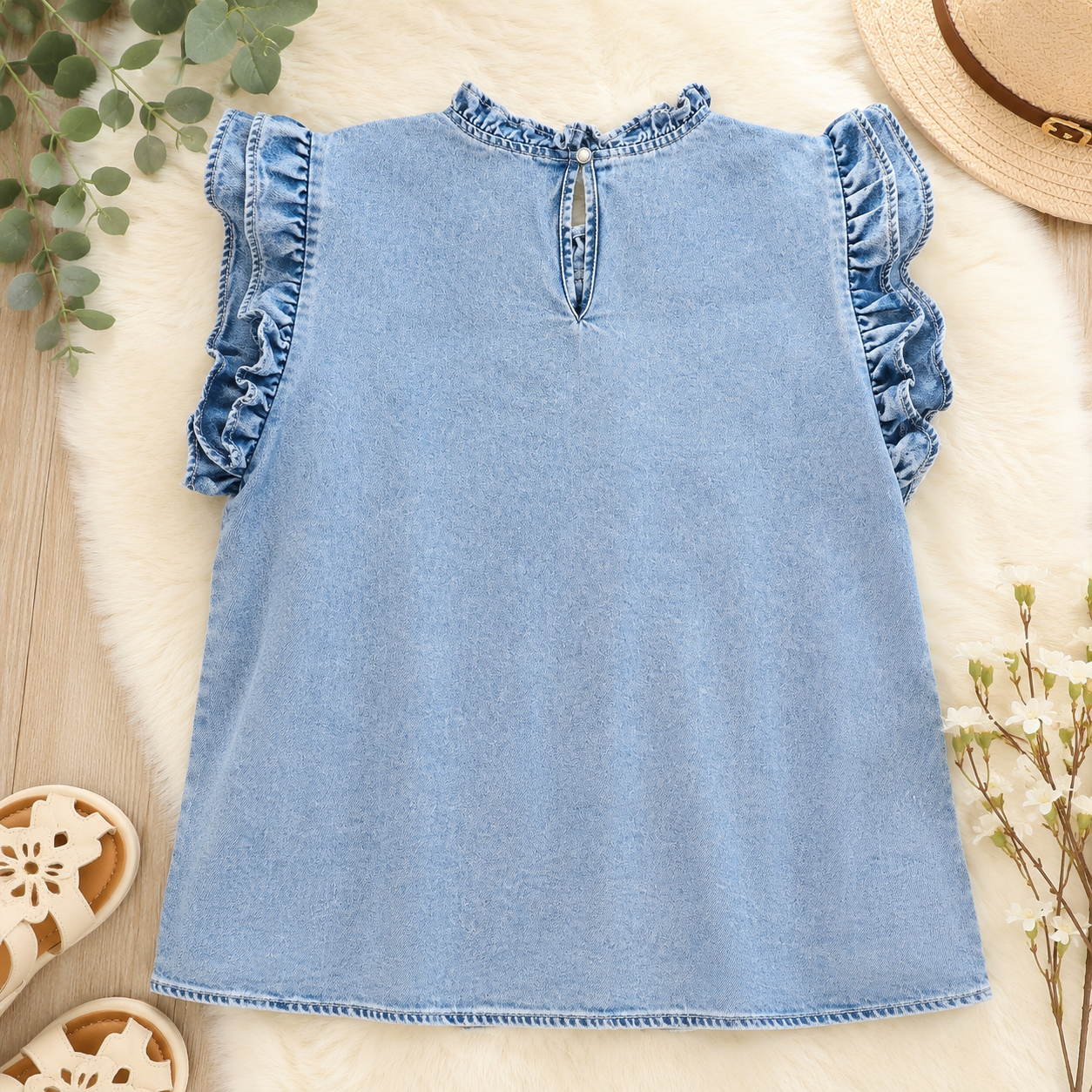 Women’s Evermmee Denim Ruffled Top