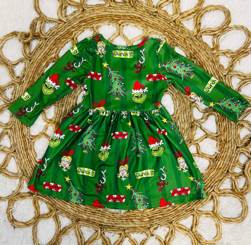 Girls Grinch Christmas Print Dress