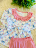 Girl’s Pink Floral and Blue Bow Pattern with Ruffle Collar Outfit