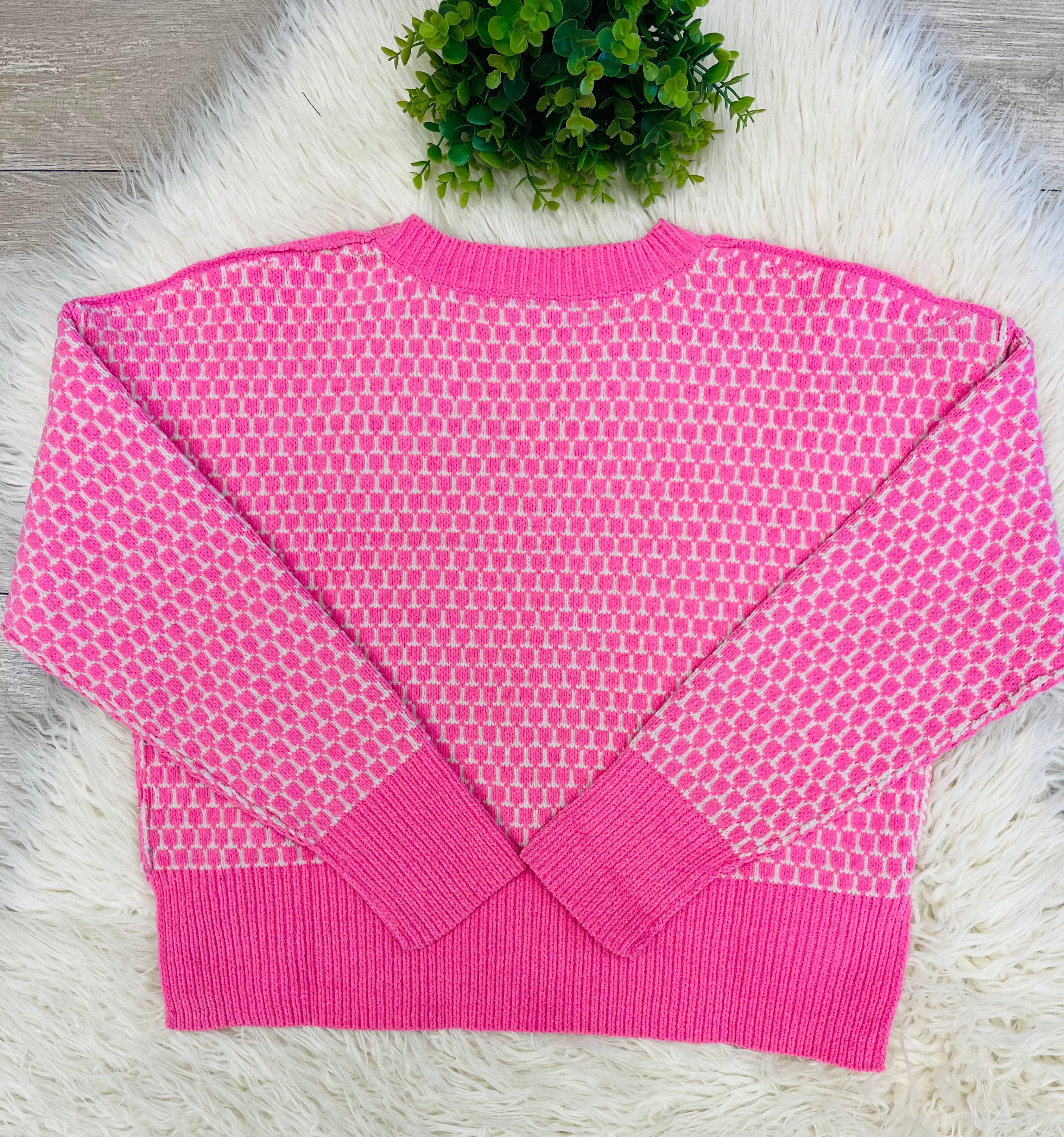 Women’s Pink And Cream Checkered Knit Sweater