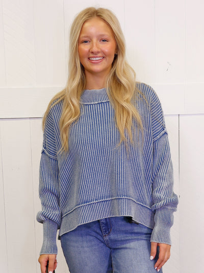 Dusty Blue Washed Side Slit Oversized Cropped Sweater Pullover Top